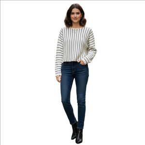 Women's WanLi Cream Black Striped Crew Neck Sweater S